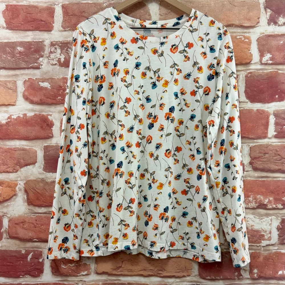 Lands End T Shirt Women's XL White Multicolor Garden Floral Casual Top